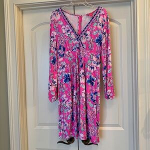🌺 Lilly Pulitzer Pink Floral Long Sleeve Knee Length Dress – Size 12